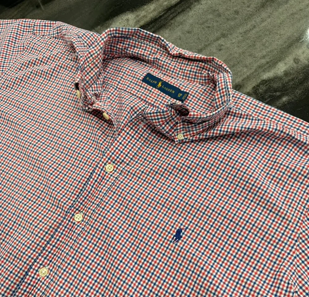 Polo Ralph Lauren Mens 2XB Big Red Blue Gingham Button Down Short Sleeve Shirt